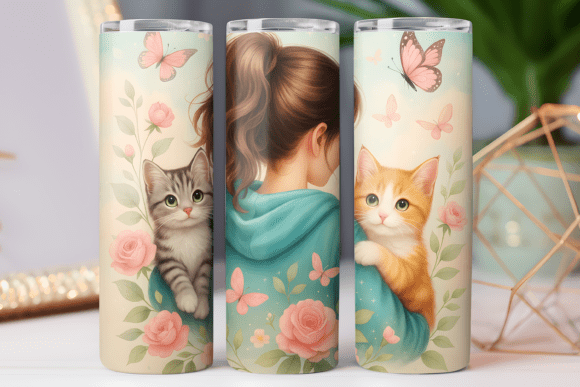 Girl and Cat Cute Kitty Tumbler Wrap: Graphics for Tumbler Wraps